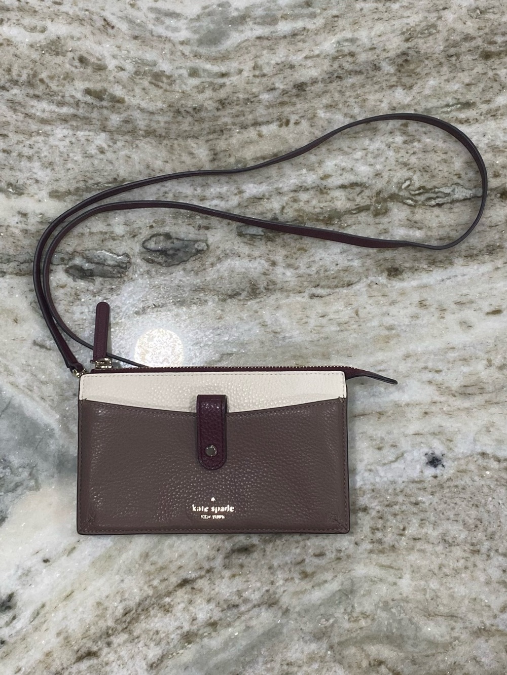 kate spade taupe, cream & burgundy leather crossbody wristlet